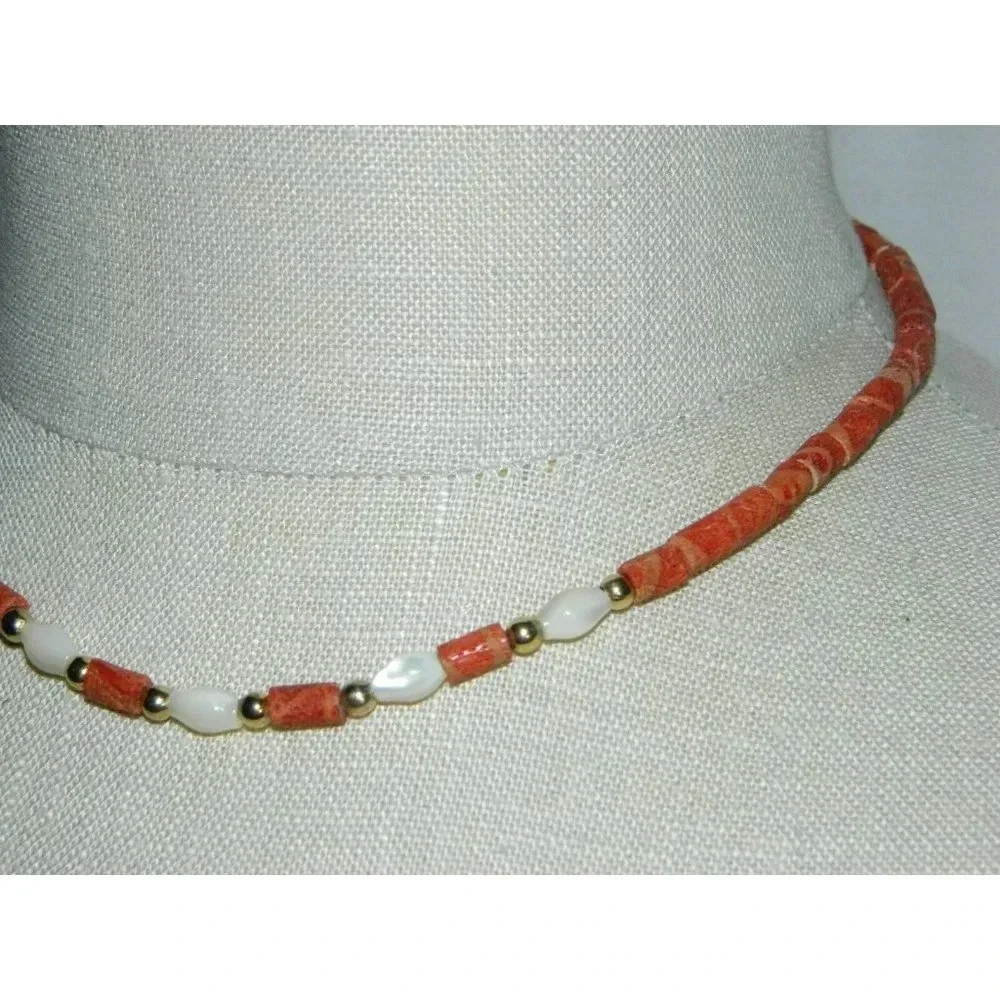 VTG Red Sponge Natural Coral Mother of Pearl Gold Tone Bead Choker Necklace